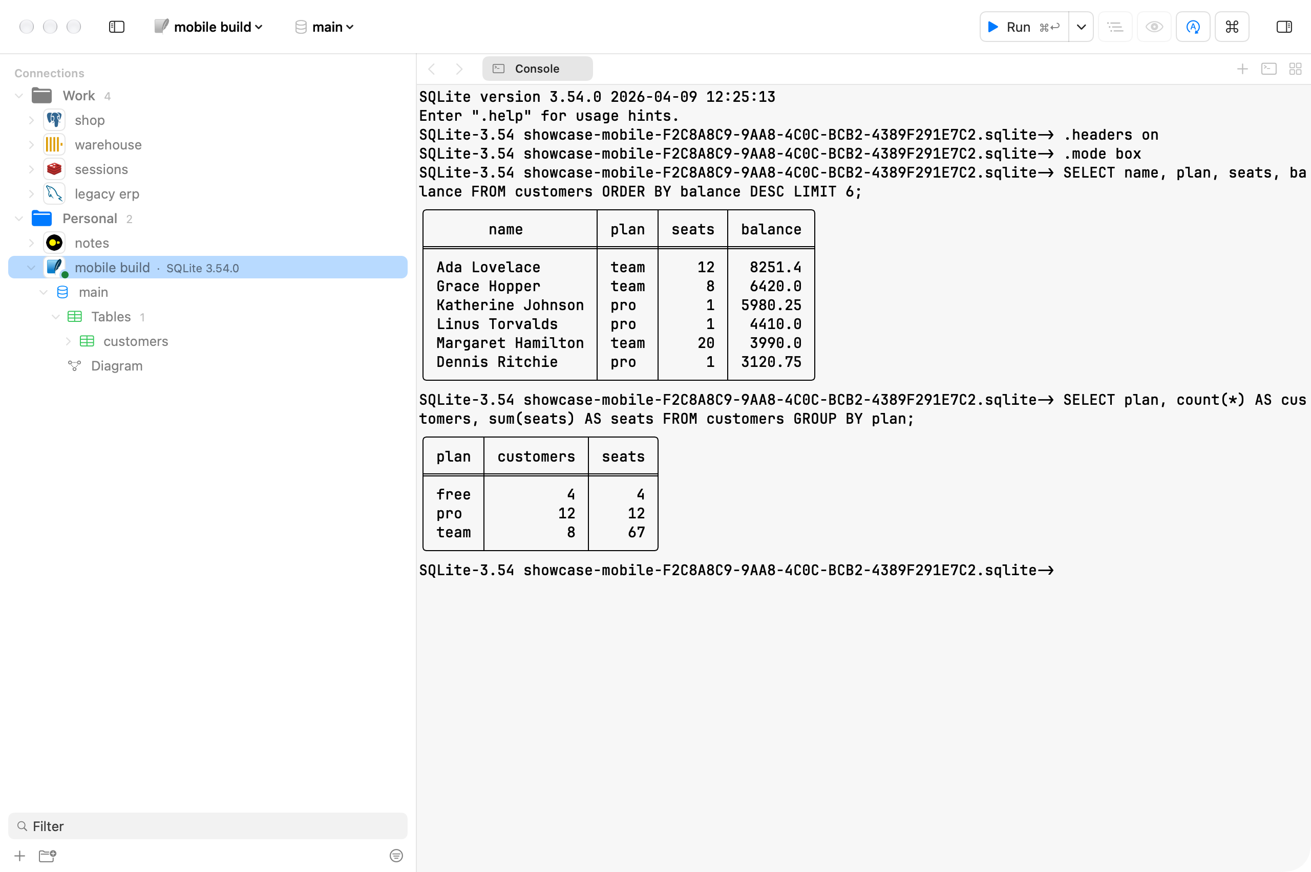 A console tab running sqlite3 on a SQLite file, with two queries answered in the client's own box tables.