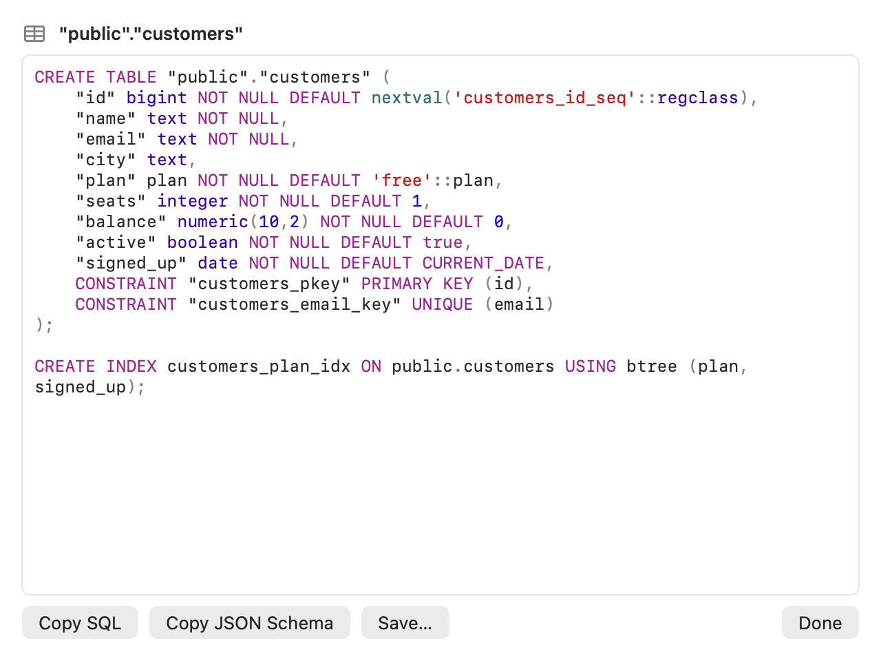 The DDL sheet with the CREATE TABLE statement for customers and its index.