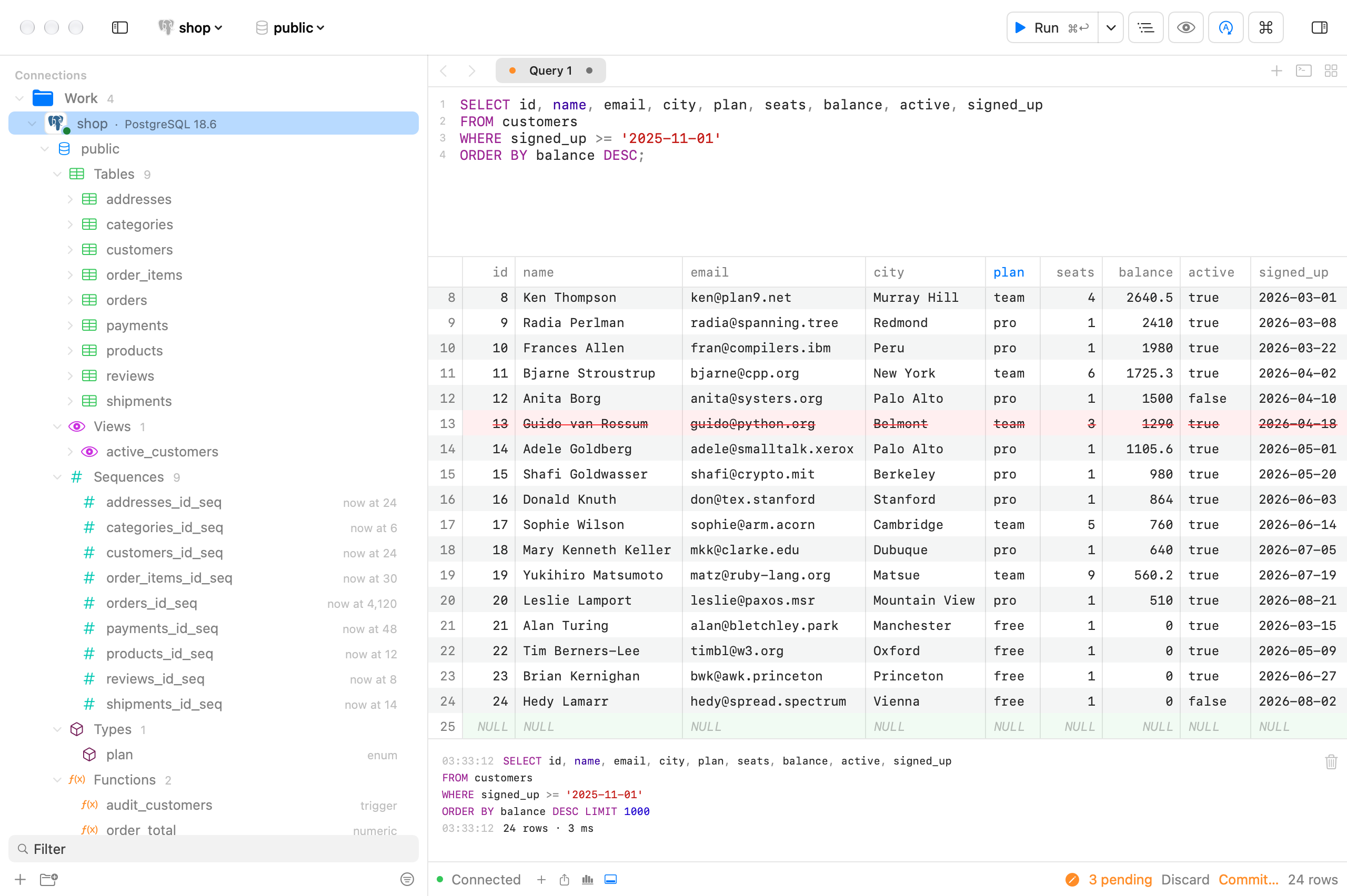 A results grid with an edited cell, a row marked for deletion and a new row, with 3 pending changes in the status bar.
