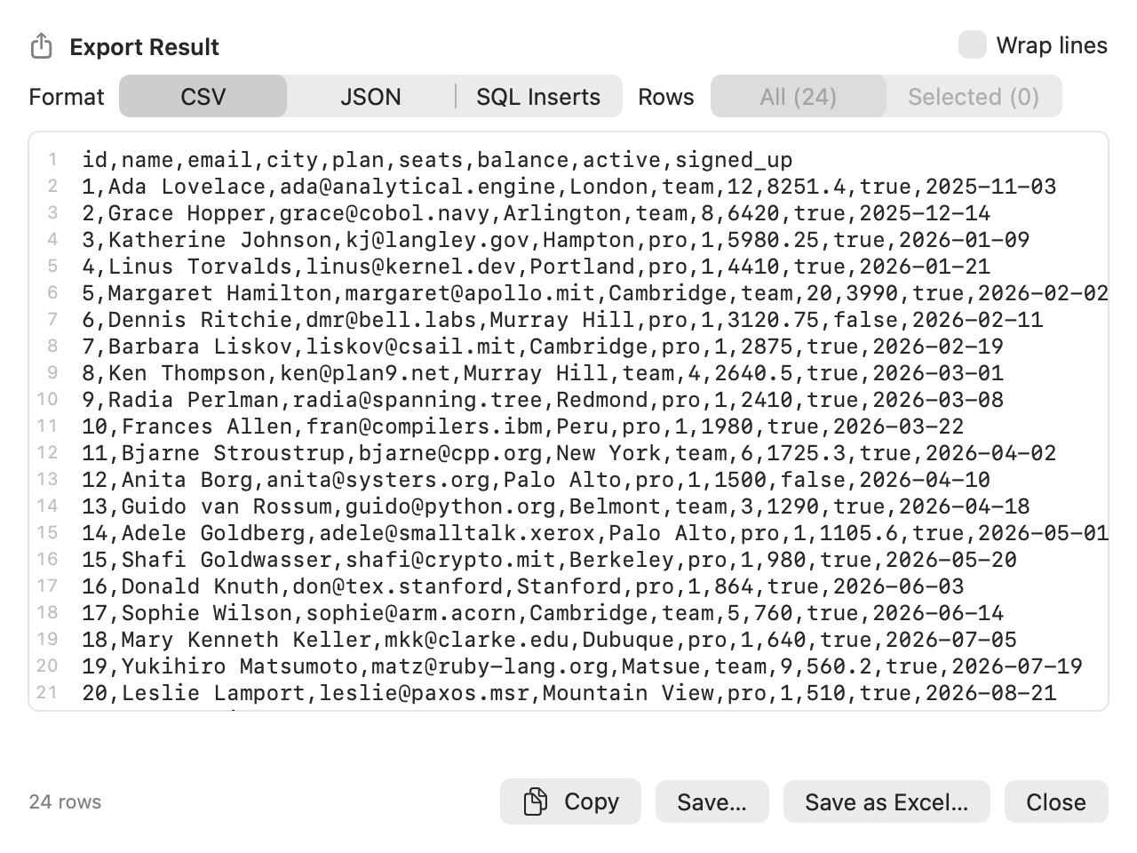 The Export Result sheet with CSV, JSON and SQL Inserts formats, a preview of the rows, and a Save as Excel button.