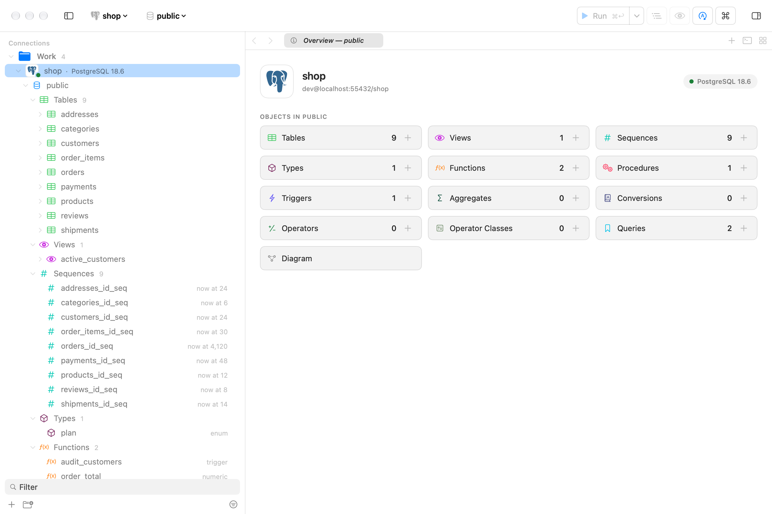 The Overview tab for the shop database: cards for tables, views, functions and other object kinds with counts.