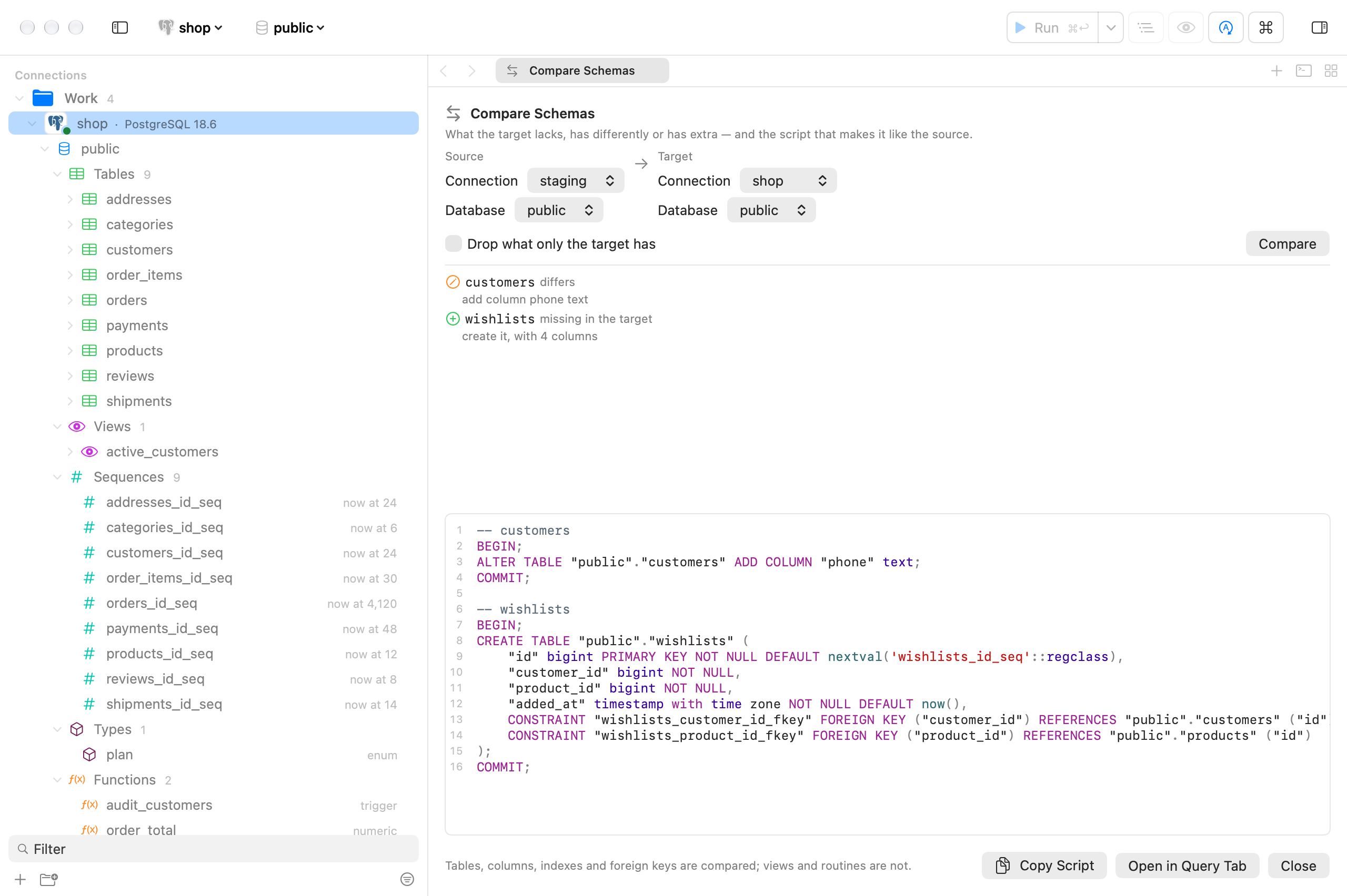 The Compare Schemas tab: staging as the source, shop as the target, the two tables that differ with what differs, and the script that adds the column and creates the missing table.