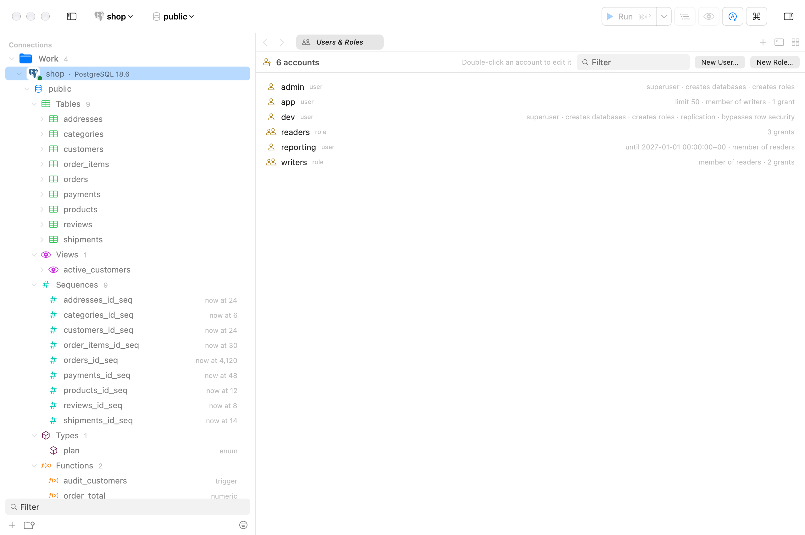 The Users and Roles listing: the server’s accounts — the shop’s app, reporting, readers and writers among them — with their abilities and memberships.