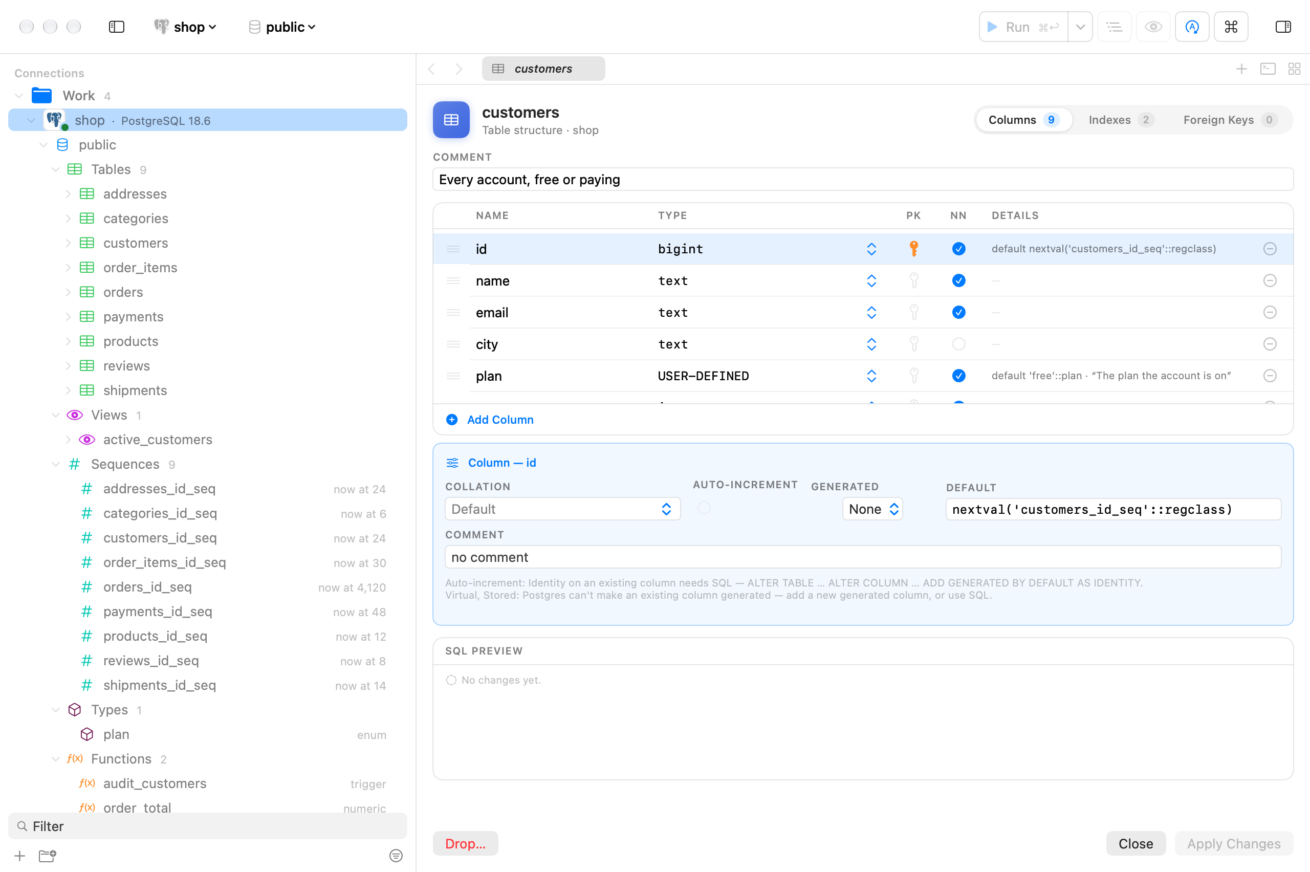 The table structure designer for customers with columns and keys, a form beneath the rows for the selected column’s collation, default and generated settings, and a SQL preview.
